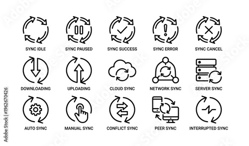Sync icons: idle, paused, success, error, cancel, download, upload, cloud, network, server