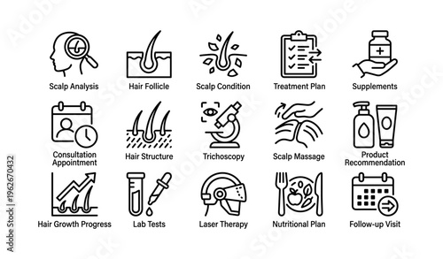 Hair care treatment icons: analysis, follicle, condition, supplements, massage, therapy