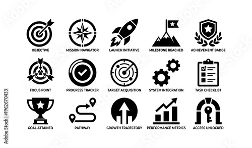 Business success icons collection for goal achievement and progress tracking