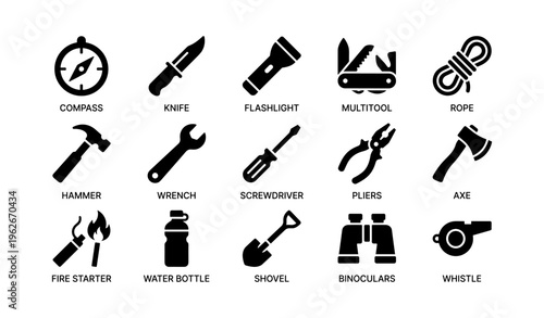 Essential outdoor tools and equipment icons: compass, knife, flashlight, multitool, rope
