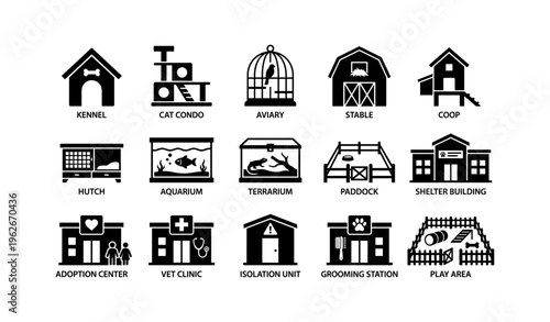 Animal shelter icons set: kennel, cat condo, aviary, stable, coop, hutch, aquarium