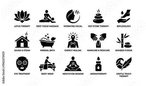 Holistic therapy icons set featuring massage, facial, and meditation symbols for wellness