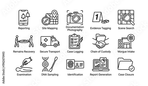 Crime scene investigation icons collection with forensic and evidence elements
