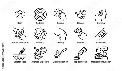 Skin allergy diagnosis and treatment methods illustrated icons set