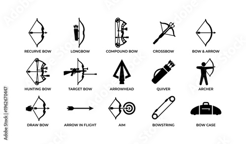 Illustrated collection of various bow types and archery equipment icons