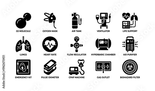 Medical equipment icons featuring oxygen mask, ventilator, heart rate, and emergency kit