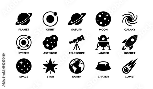 Icons of space: planet, orbit, rocket, telescope, comet