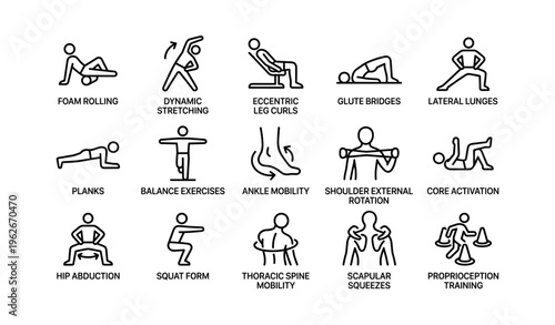 Dynamic exercise icons: diverse fitness routine for full-body flexibility and strength