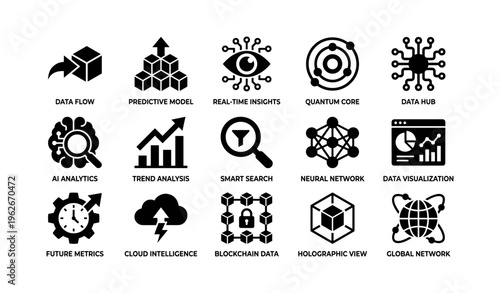 Data technology icons: ai, blockchain, neural networks, analytics