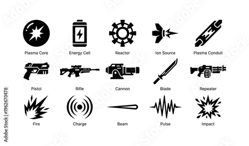 Set of futuristic weapon and energy icons with plasma and energy elements
