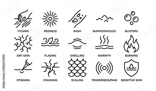 Sixteen dermatological symptoms: icons of skin conditions and reactions