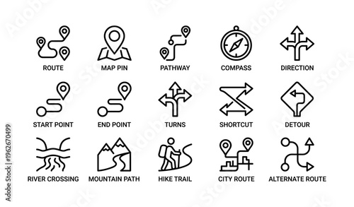 Navigation icons set: routes, compass, direction, hiking, city map symbols
