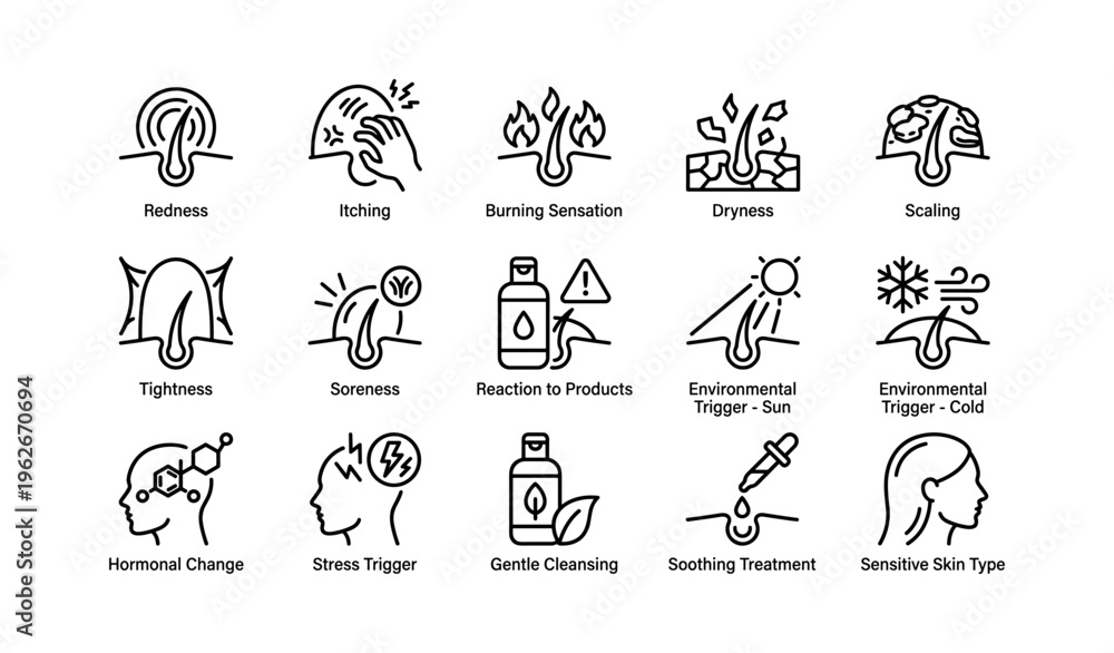 Fototapeta premium Common skin reactions and causes: redness, itching, burning, dryness