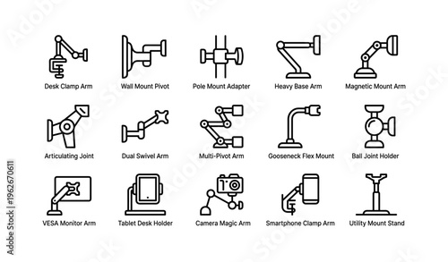 Various types of mounts and joints for devices and equipment