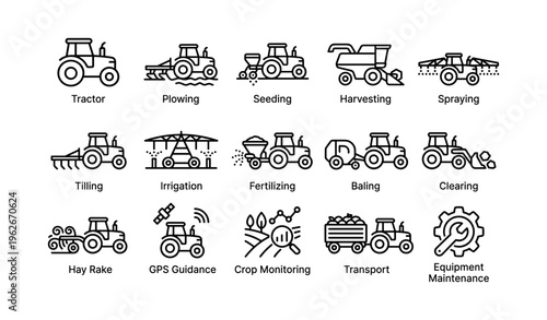 Agricultural machinery icons for plowing, seeding, harvesting, and more