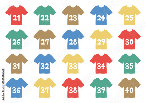 21から40までの数字が書いてあるカラフルなシャツの手描きイラストセット
