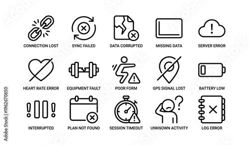Set of icon illustrations indicating various technical and fitness issues