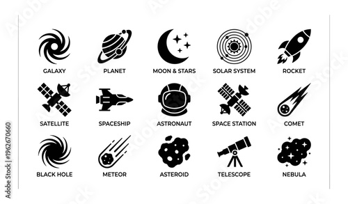 Space icons set featuring celestial bodies, astronaut, telescope, and spacecraft