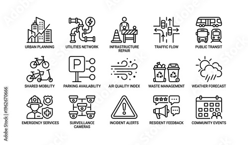 Urban infrastructure and community services icons for smart city development