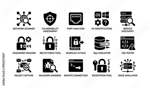 Cybersecurity tools icons set including network scanner and vulnerability assessment
