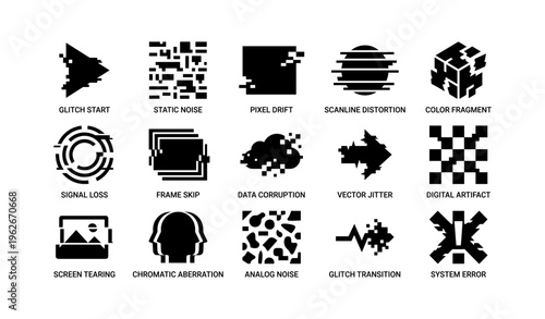 Digital glitch icons set: pixel, noise, distortion, error, corruption