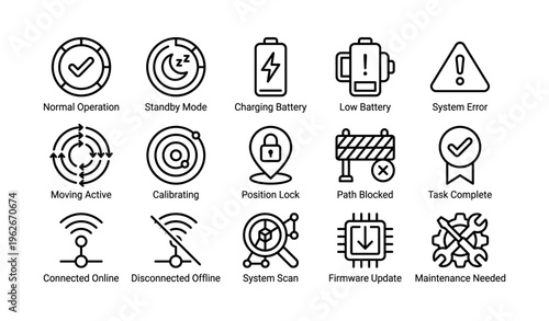 Tech system icons: charging, battery, error, lock, update, maintenance