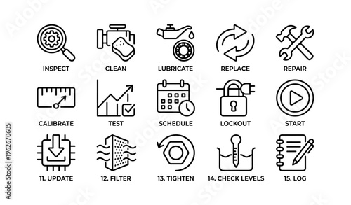Maintenance symbols set: inspect, clean, lubricate, replace, repair, calibrate icons