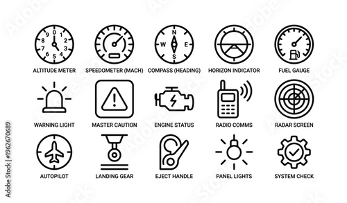 Aircraft cockpit icons for altitude, speed, navigation, communication, and safety systems