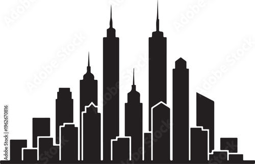 Black and white city skyline with tall buildings and skyscrapers