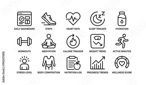 Health and fitness icons: trackers for steps, heart rate, sleep, and wellness
