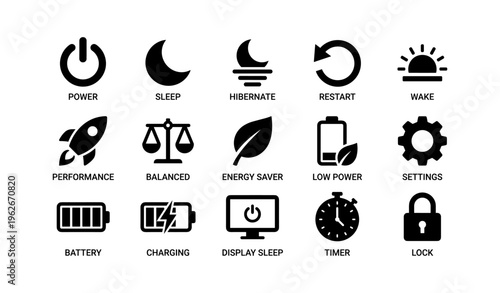 Icon set for power management and device settings symbols collection