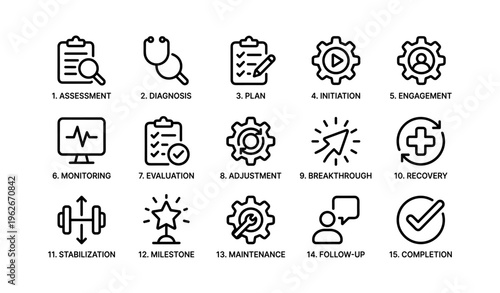 Fifteen stages of project management and development process icons