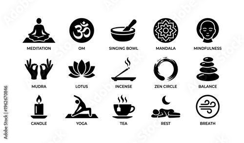 Symbols of meditation and mindfulness icons including yoga, zen, and mandala designs