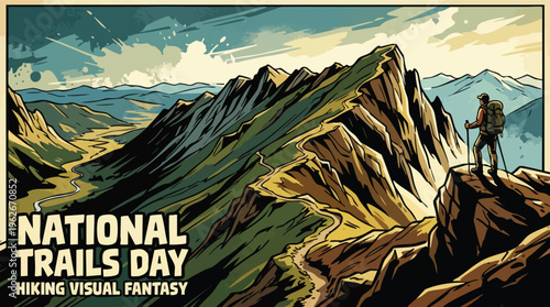Mountain Ridge Hiker on Trail National Trails Day Illustration