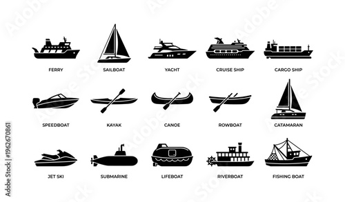 Types of boats and ships: icons including ferry, yacht, sailboat, and submarine