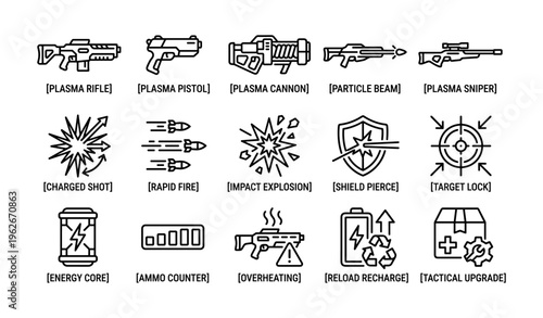Futuristic weapon icons with plasma rifles and tactical upgrades