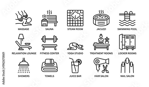 Spa and fitness center icon set including sauna, jacuzzi, yoga, fitness, and relaxation amenities