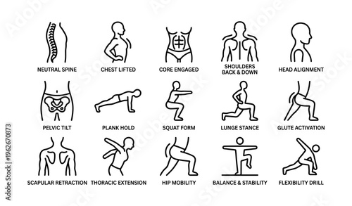 Exercise poses for posture and strength training with body form illustrations