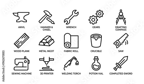 Blacksmith and crafting tools icon set featuring anvil, hammer, wrench, and more