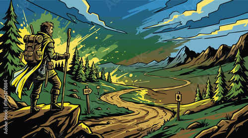 Hiking Man with Backpack and Staff on Mountain Path at Sunset