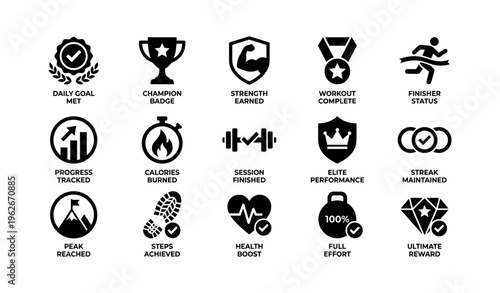 Achievement icons: fitness goals and milestones visualized