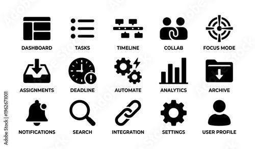 Dashboard icons: tasks, timeline, analytics, and more