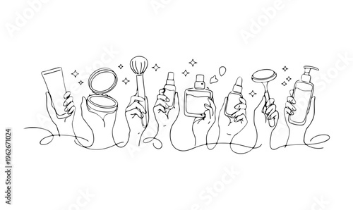Continuous Line Beauty and Skincare Hands Holding Cosmetic Products Vector Illustration