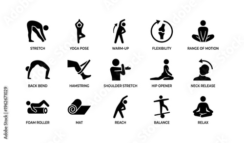 Icons of stretching exercises and yoga poses for flexibility and balance