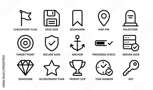 Icon set featuring flags, save disk, bookmark, map pin, milestone, security, anchor, progress, server