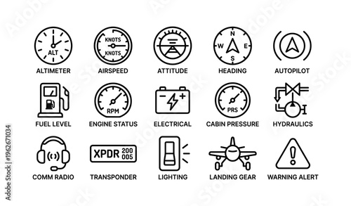 Aviation icons: altimeter, airspeed, attitude, navigation, and more