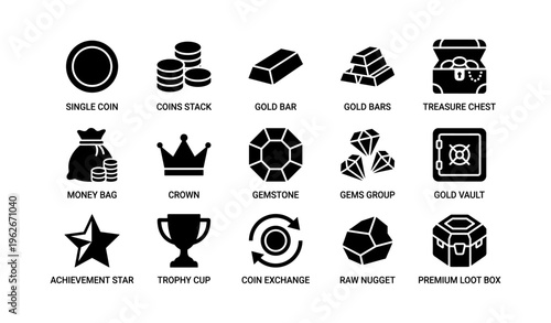 Icon set: coins, gold bars, treasure chest, money bag, crown, gemstones, gold vault, trophy cup