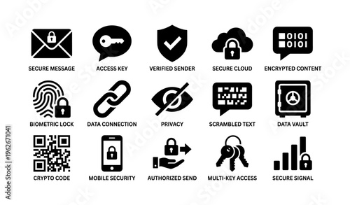 Secure communication icons: privacy tools and data protection symbols
