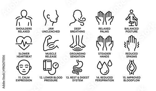 Icons illustrating stress reduction techniques and their physical benefits