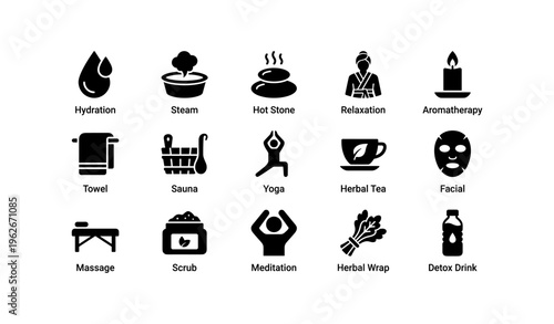Spa and wellness icons featuring aromatherapy, yoga, meditation, sauna, and relaxation